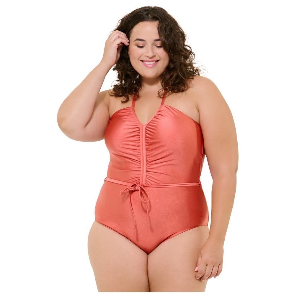 Freshwater Women Coral Metallic Ruched Halter One Piece Swimsuit Size 1X NWT